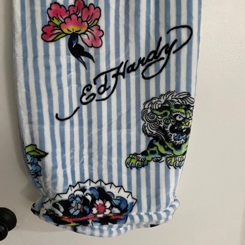 Ed Hardy Light Blue & White Striped Floral Tiger Plush Throw